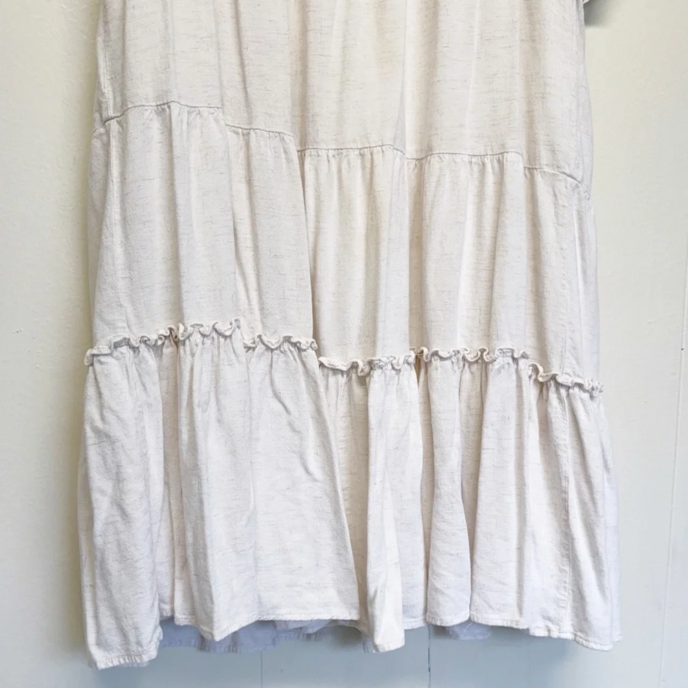 LOVERICHE Boho Ruffled Tiered Dress Oatmeal Short Sleeves Medium - Picture 3 of 6